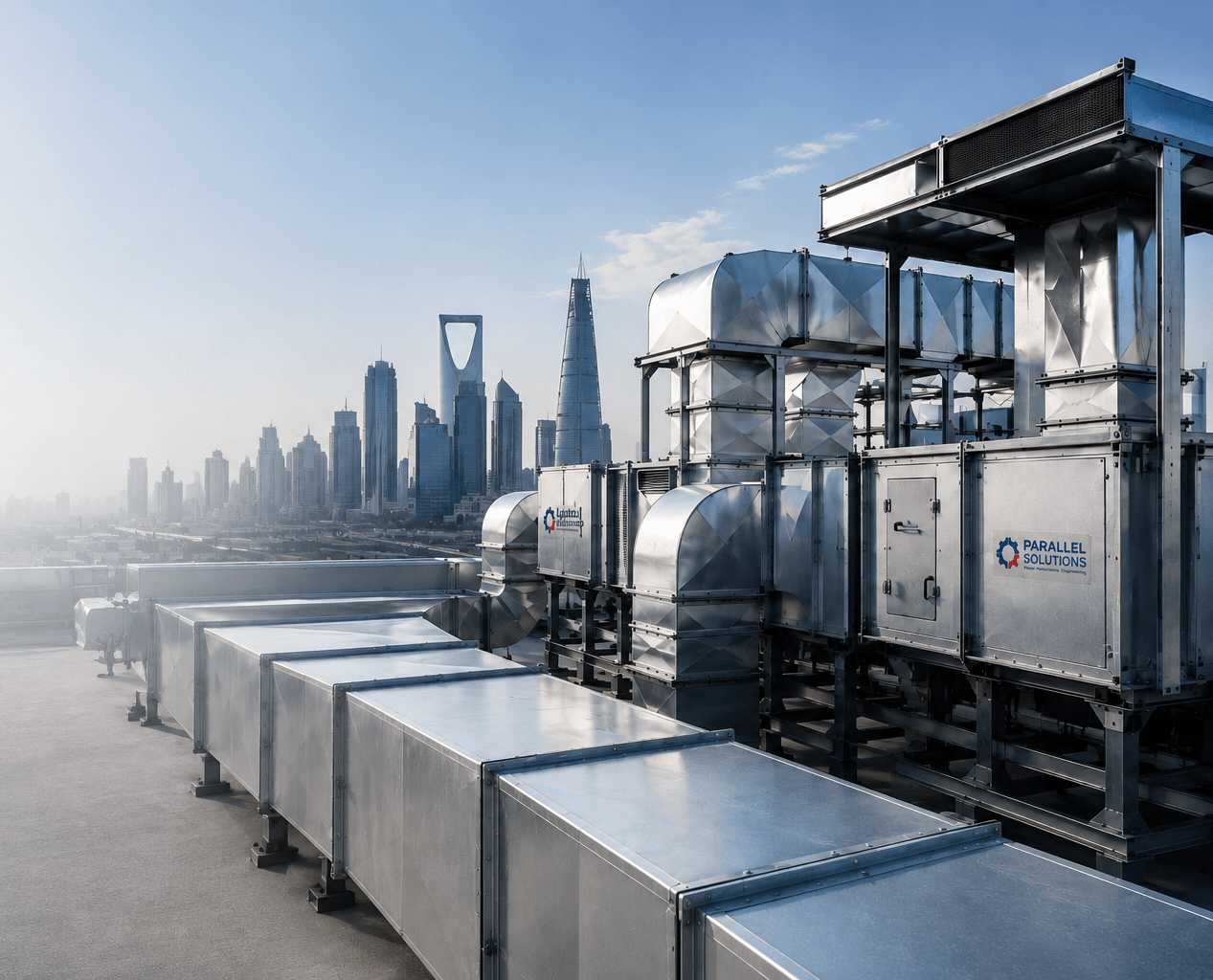 Rooftop air distribution installation: a run of galvanized rectangular ducting leading to air handling units marked with the Parallel Solutions logo, with the Riyadh skyline beyond.