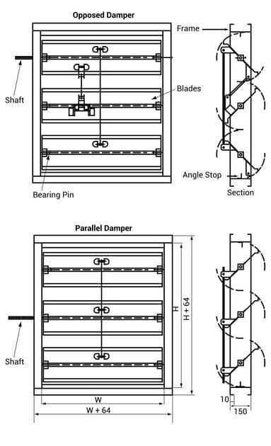 Catalogue performance data chart for the butterfly volume control damper, showing pressure drop against velocity at standard air density.